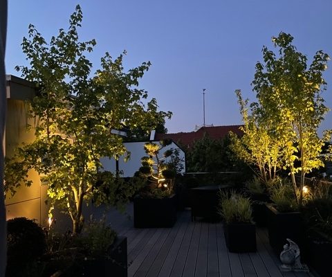 Dachterrasse in Abendbeleuchtung